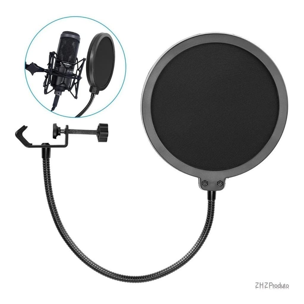Pop Filter Anti Puff para Microfone Condensador Estúdio e Haste Flexível - Proteção Profissional
