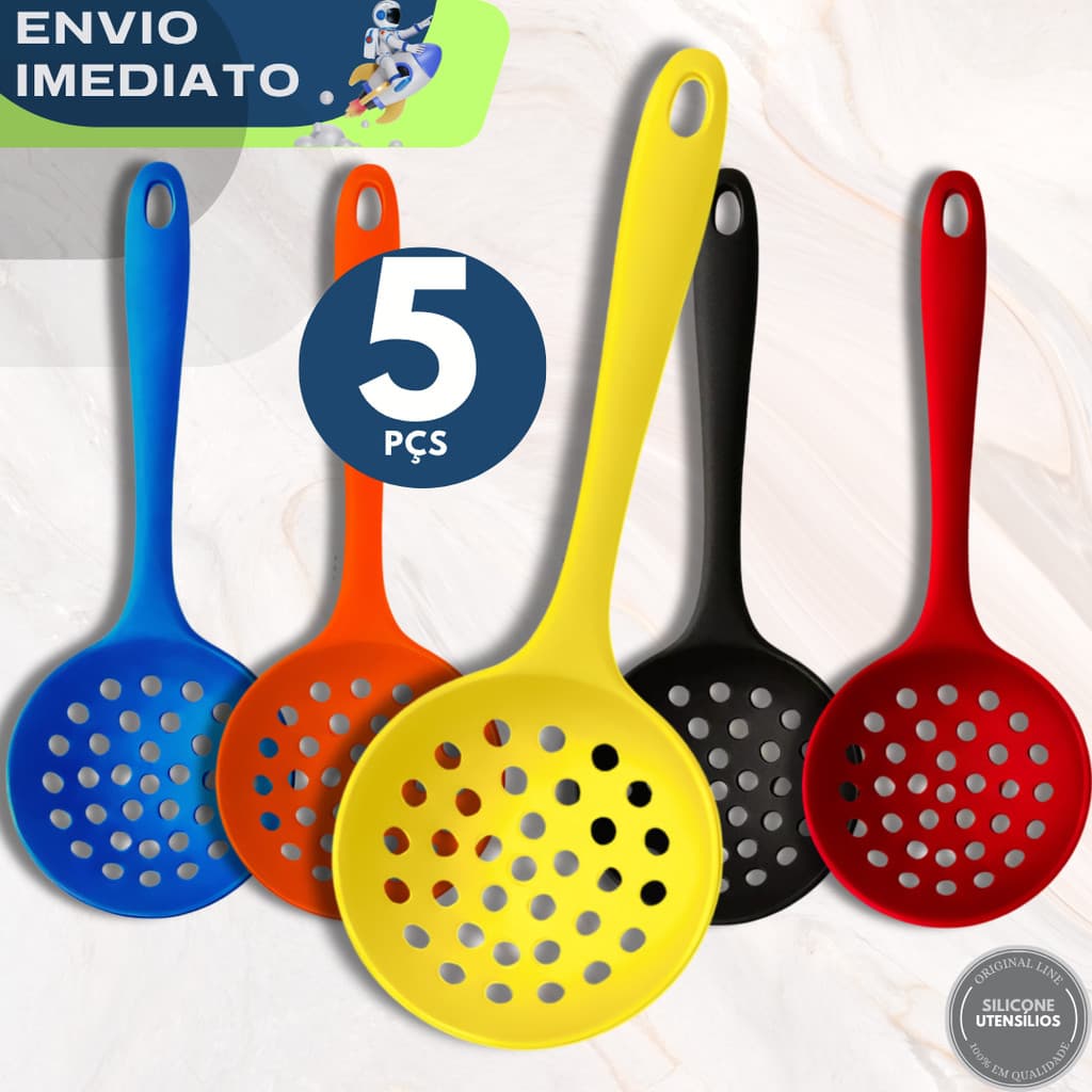 Kit 5 Escumadeira Silicone Utensílios Anti Aderente Não Risca Cozinha Frituras Arroz Restaurante Festas Lanchonete Casa