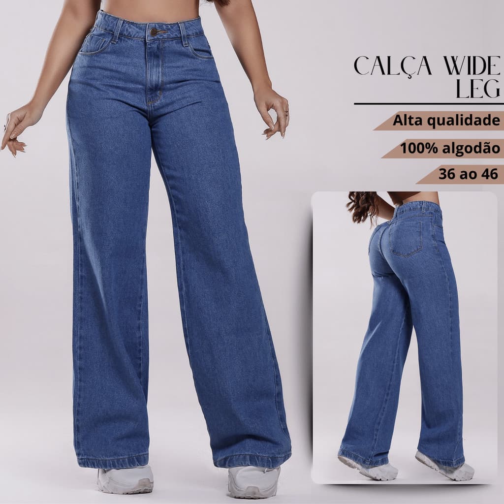 Wide Leg Jeans - A verdadeira calça de Shopping Pantalona Cós Alto 100% Algodão