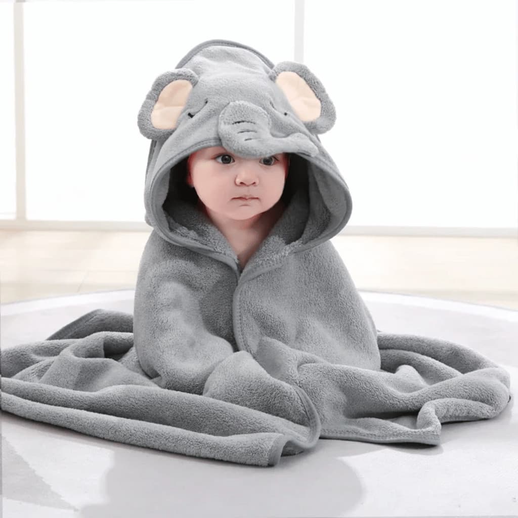 Cobertor Bebê Elefante com Capuz Bordado para Charutinho Recém Nascido Cinza - Envio Imediato