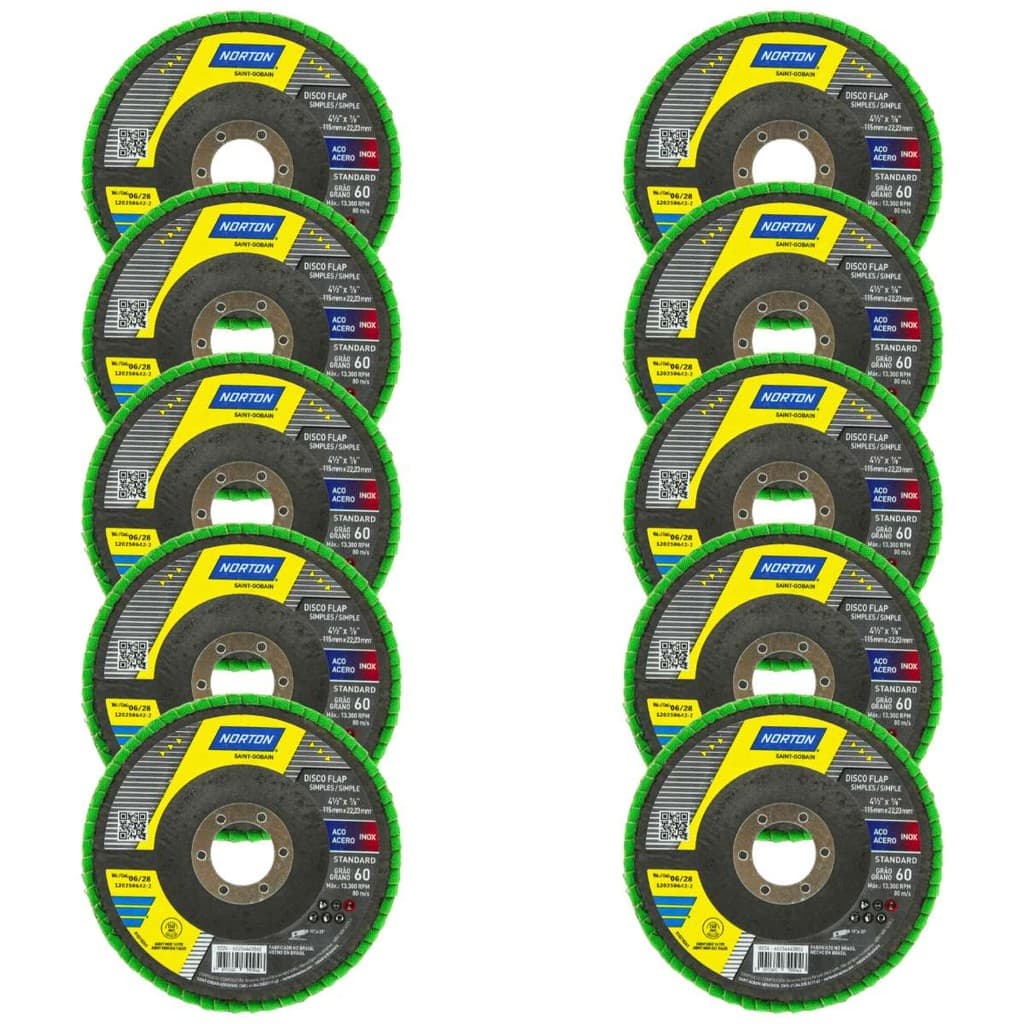 Kit 10 Disco Flap Grão 60 Norton 4.1/2 115mm Standard R244
