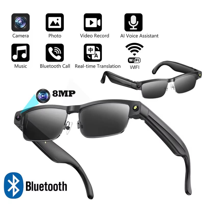 Óculos Inteligentes AI Com Câmera HD De 8MP , Chat GPT Touch , De Sol Esportivos , Chamada Bluetooth , Vídeo , Leitor De