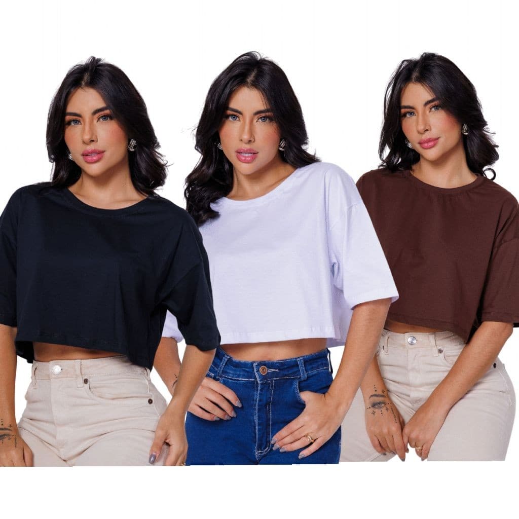 Kit 3 Camiseta Feminina Cropped Básica De Malha Algodão