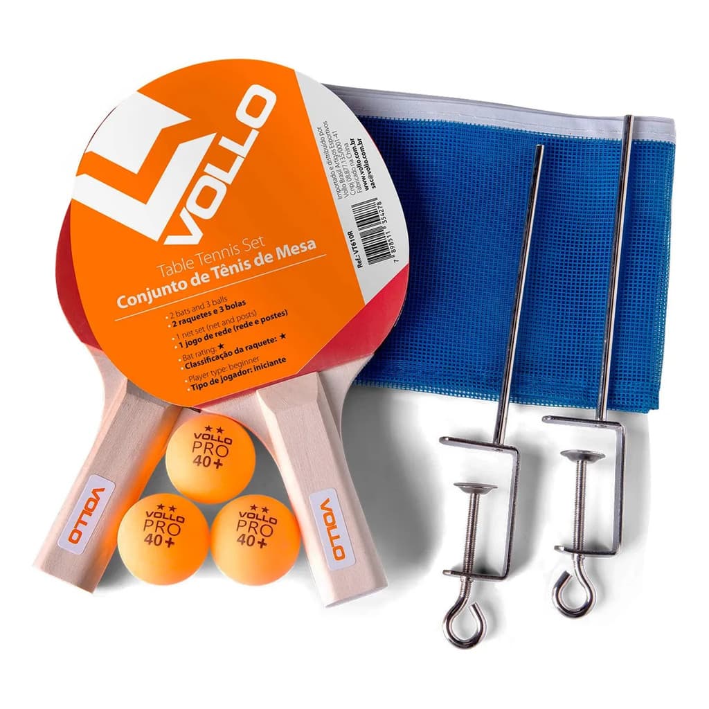 KIT COM 2 RAQUETES DE TENIS DE MESA E 3 BOLAS E 1 REDE VOLLO