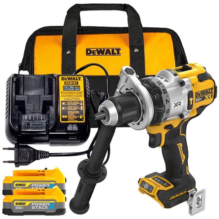 Kit Parafusadeira e Furadeira de Impacto 1/2" DCD1007B + 2 Baterias 20V 1.7Ah PowerStack + Carregador + Bolsa Dewalt