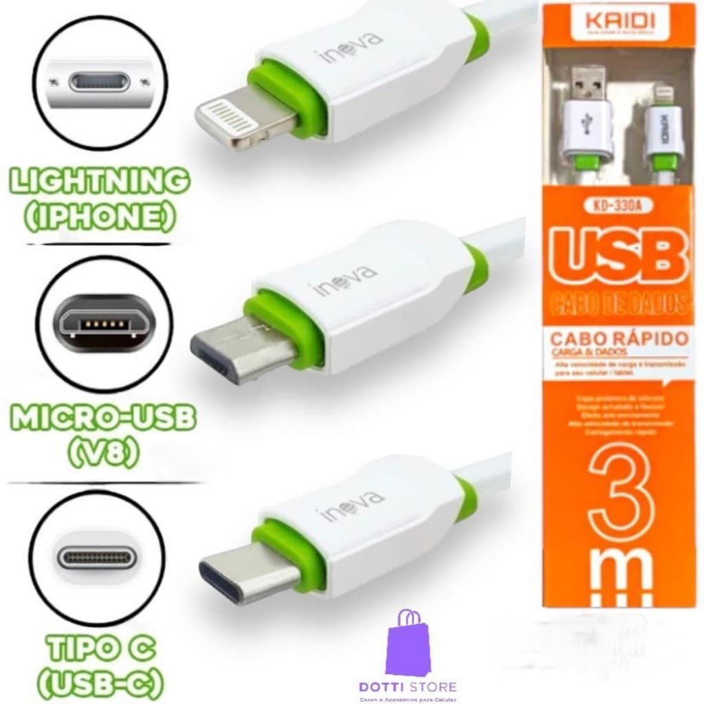 Cabo 1, 2 e 3 Metros Kaidi turbo rápido iPhone / Micro-USB e Tipo-C
