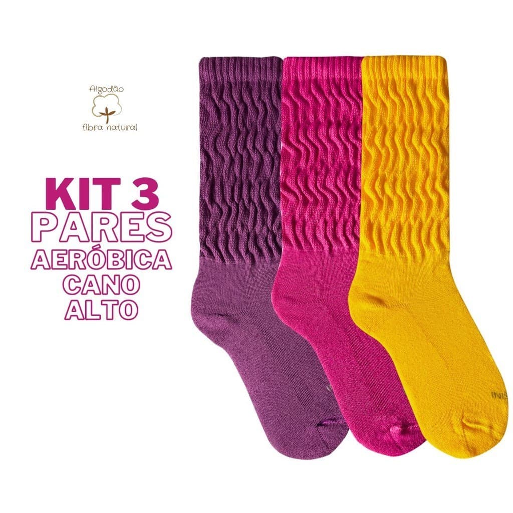 Kit 3 Pares Meia Aerobica Algodão Cano Longo Academia Esporte Fitness