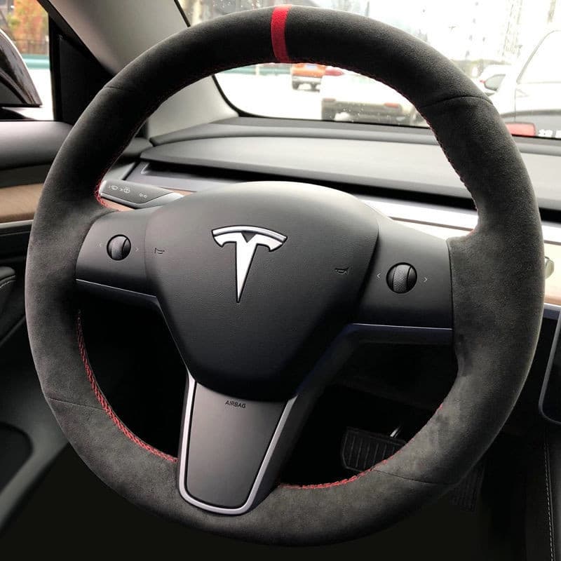 Tesla capa de volante costurada à mão camurça modelo 3 xy personalizado couro genuíno fibra de carbono antiderrapante ca