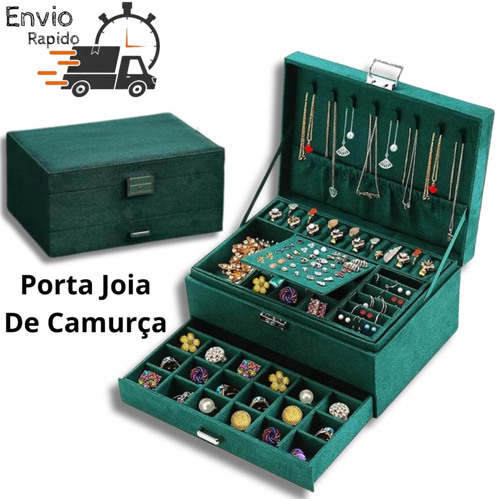Porta joias Grande organizador de joias verde com tampa e chave piercing brinco aneis e colares moderno luxo