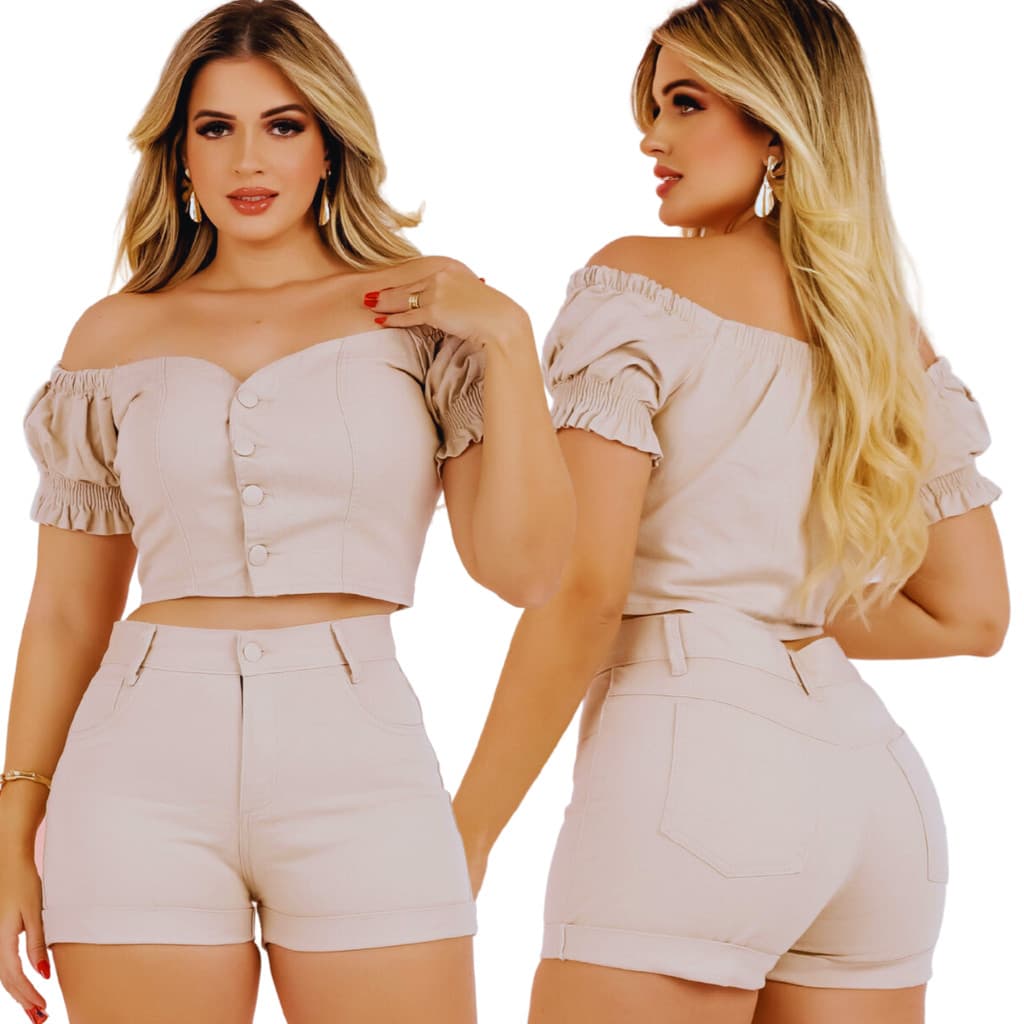 Conjunto Jeans Feminino Short Barra Dobrada Cropped Casual Cintura Alta