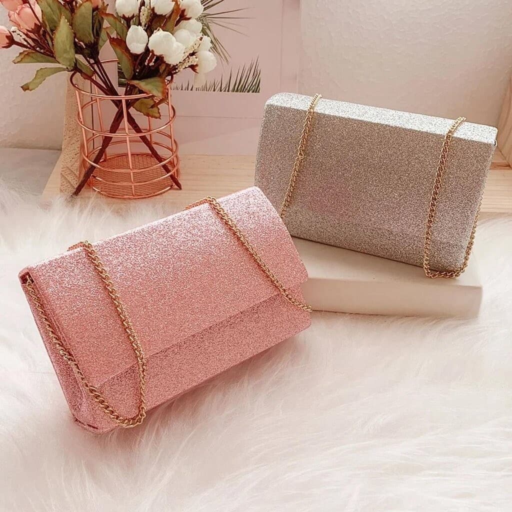 Bolsa Clutch Bolsinha de Mão com Corrente Transversal Casamento Formatura Festa Couro Brilho