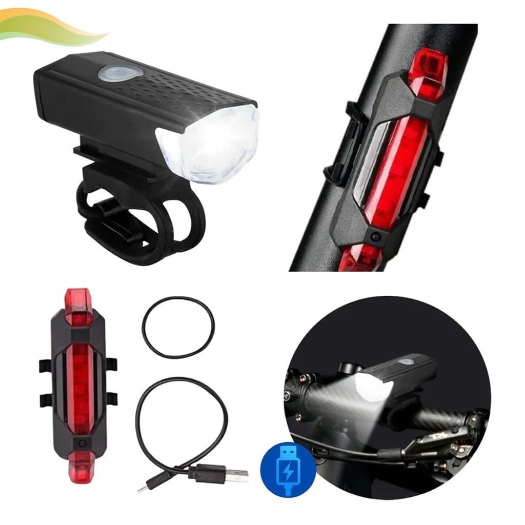 Kit Lanterna Farol 300 Lumens Bike + Sinalizador Traseiro Recarregável Usb Bike Bicicleta Trilha