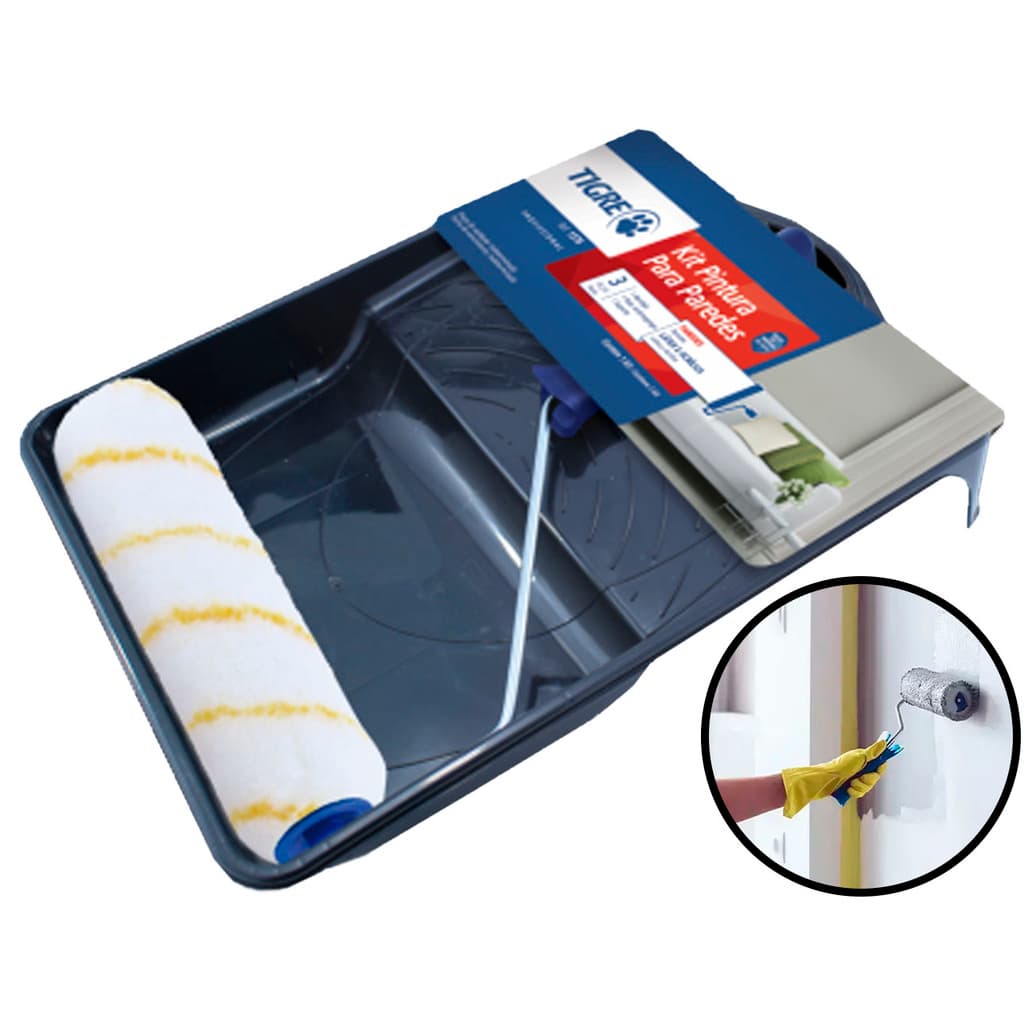 Kit Para Pintura Multiuso Antirrespingo Econômico Com Rolo + Bandeja Plástica Resistente Tigre