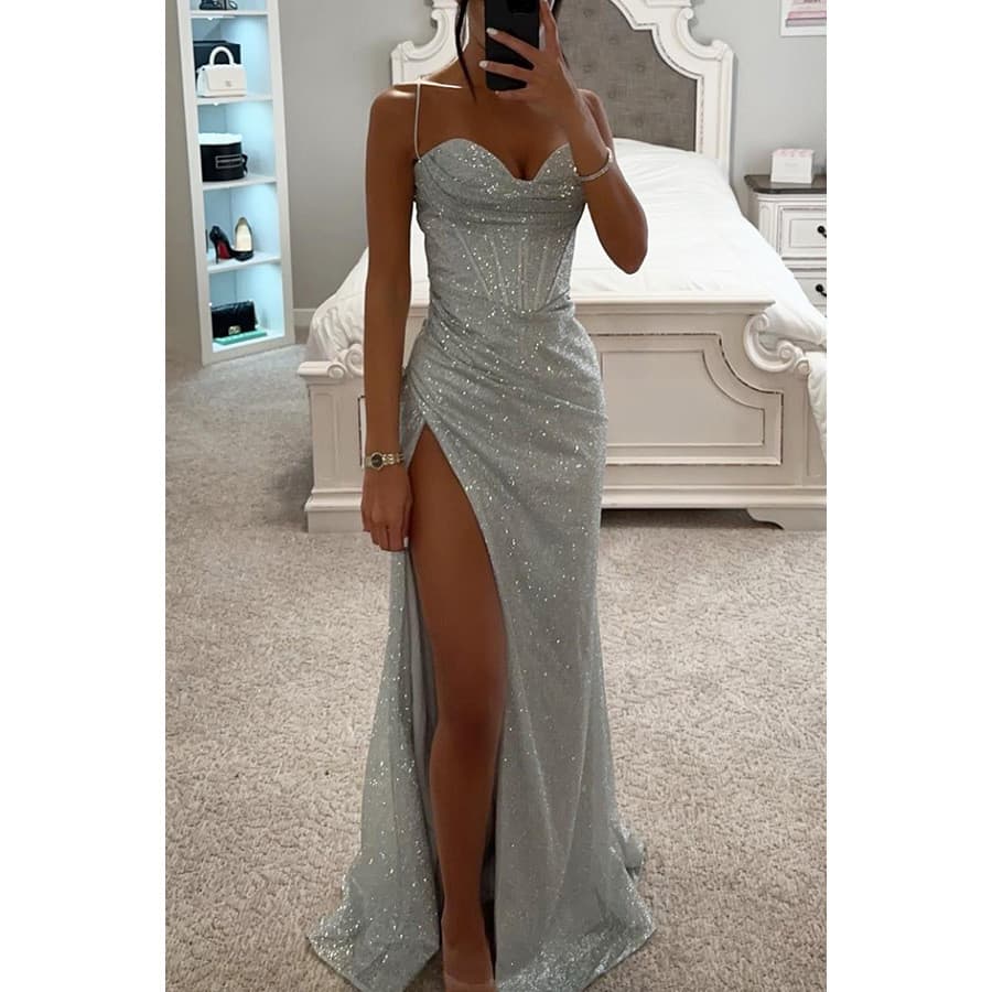 Feminino 2024 Tecido Brilhante Dividido halter Vestido De Festa Longo De Casamento