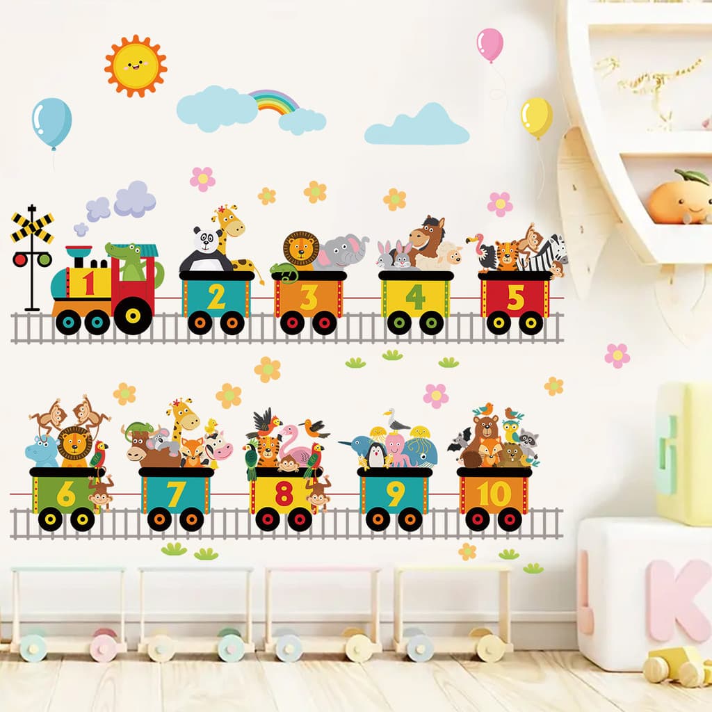 Adesivos de parede dos desenhos animados, adesivos de parede autoadesivos do trem do número adesivos de decoração da par