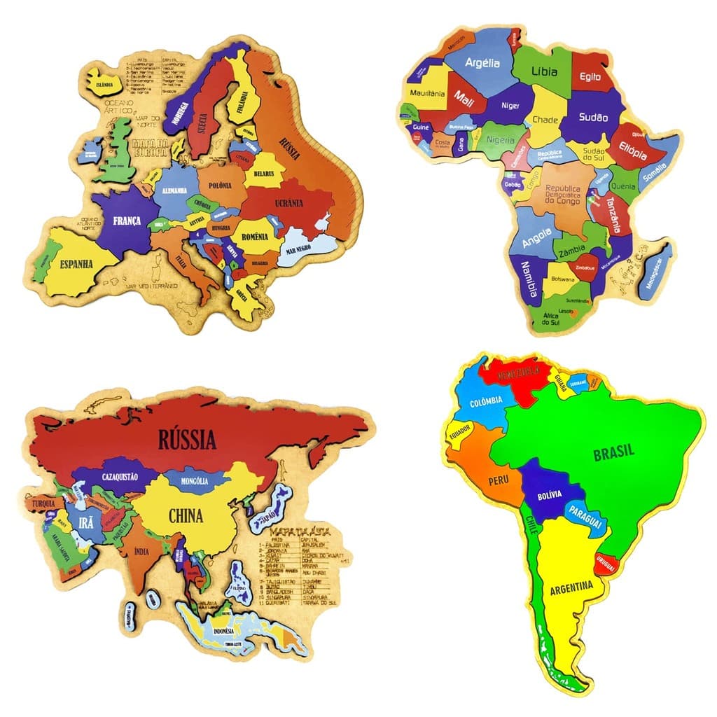 Kit Quebra-cabeça Mapas África, América do Sul, Europa e Ásia
