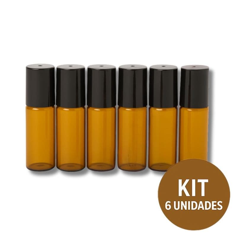 Kit 6 Frascos De Vidro Garrafinha Ambar Roll-on 5ml Com Tampa e Esfera em Inox