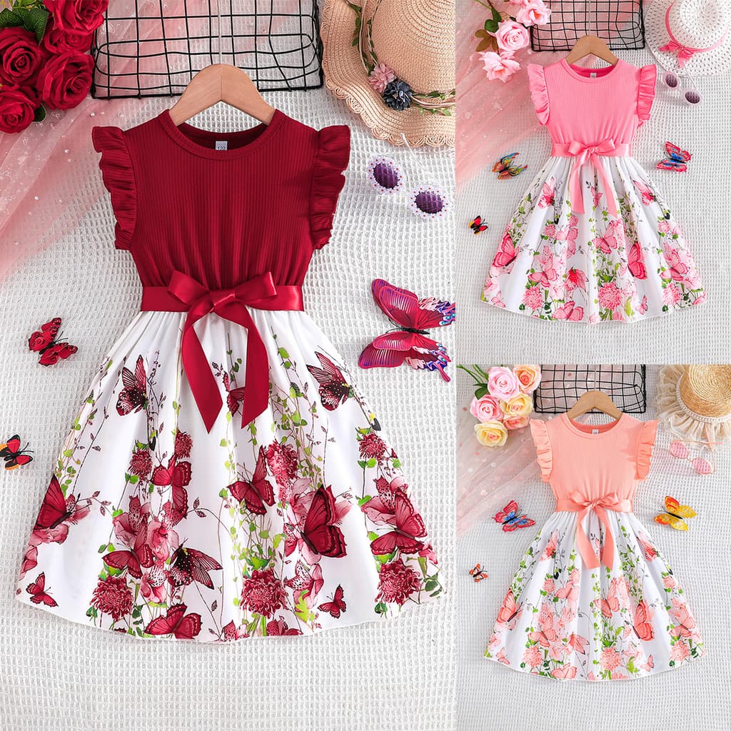 Vestido Infantil Meninas 5 a 11 Anos Manga Curta Borboleta Floral c Cinto Decorativo Multi Cores
