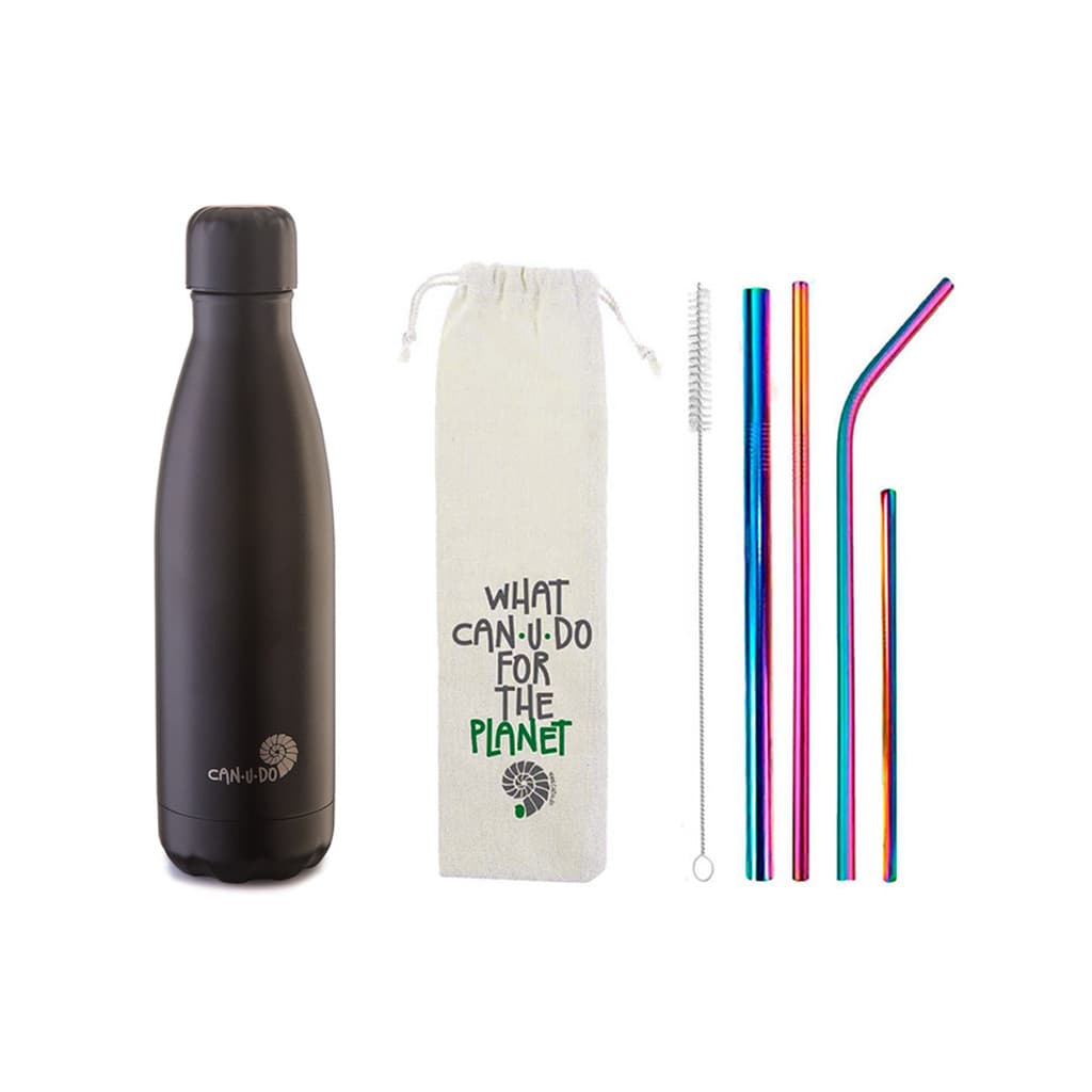 Kit Garrafa Térmica 24h Inox 500Ml + Kit de Canudos de inox 4 peças + esvoca + ecobag