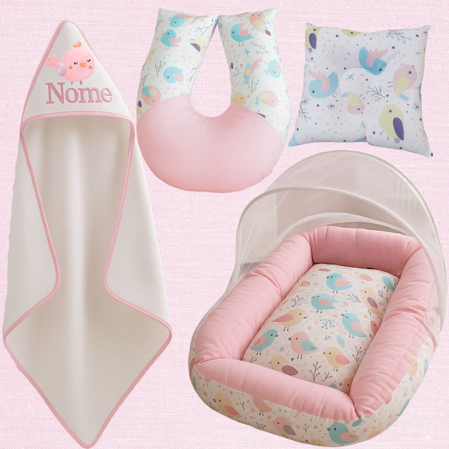 Kit Perfeito Toalha Personalizada + Ninho Redutor, Almofada de Amamentação e Travesseiro Anatômico