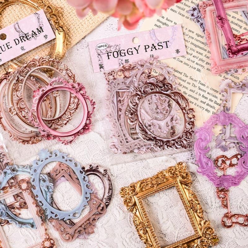 10 Pcs Retro Photo Frame Tema Oco Emboss PET Adesivos Decorativos DIY Material Decalques