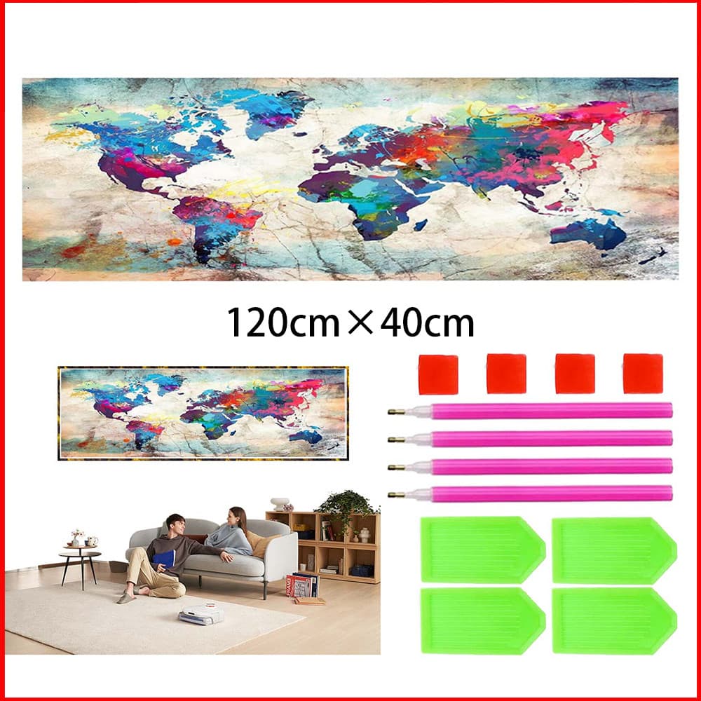 Pintura de Diamante 5D Tema Mapa-múndi 120x40cm – Conjunto Completo com 4 Bandejas e Cola, Adequado para Adultos