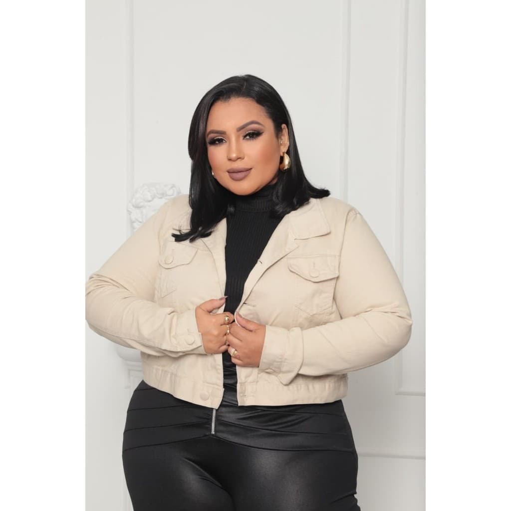 Roupa Feminina Jaqueta Jeans estilo cropped feminino  Plus Size Com Barra Botão Encapado