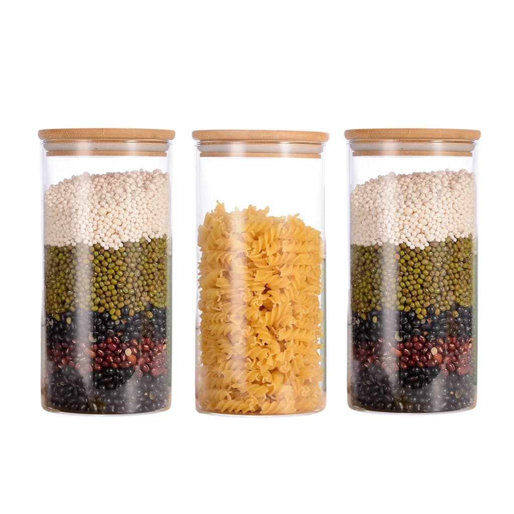 Kit 3 potes de vidro 1,3L tampa de bambu herméticos redondos armazenamento