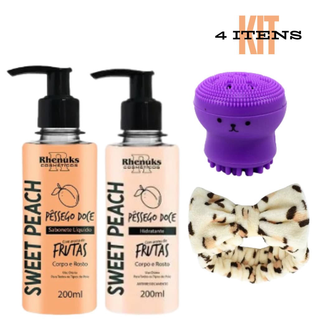 Kit de Hidratante + Sabonete Líquido de Pêssego + Faixa Make + Polvo