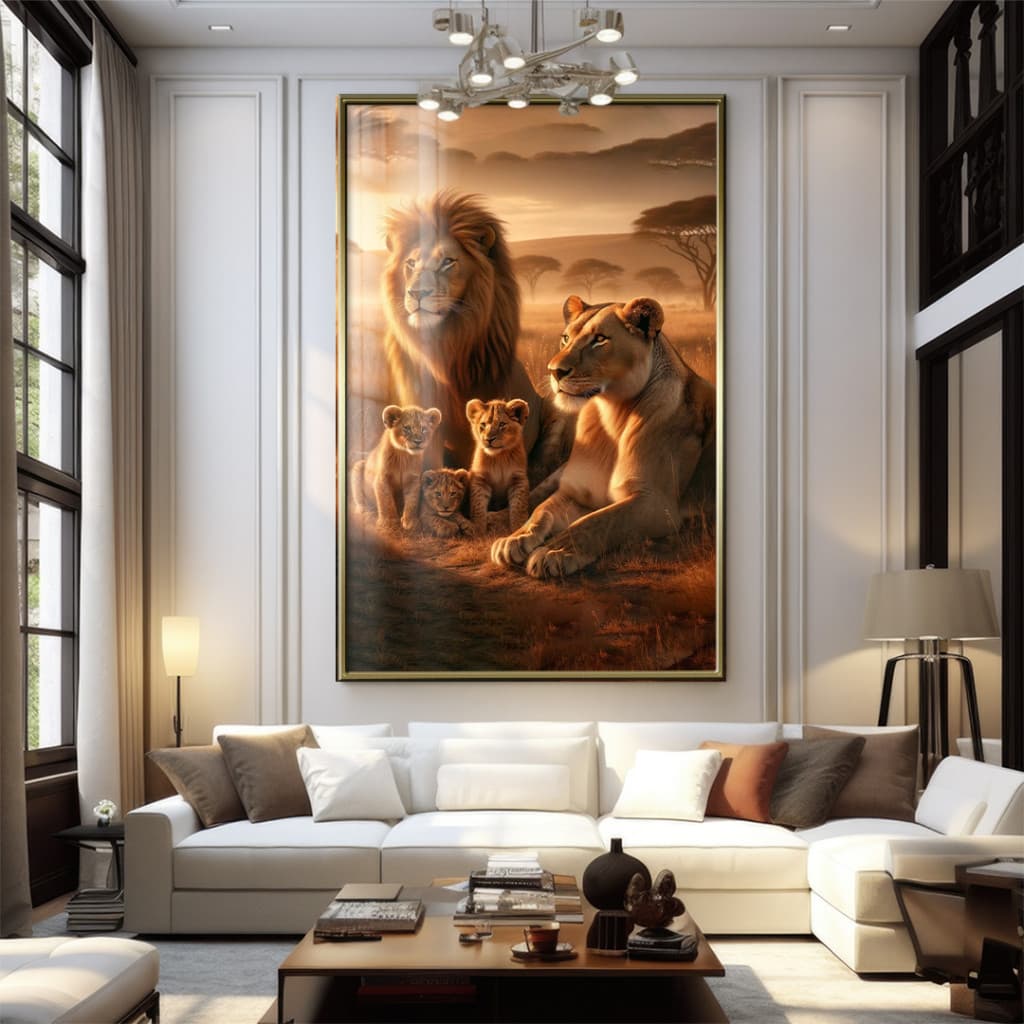 Quadro Decorativo GRANDE Alta Resolução Para Sala Quarto Escritório Familia de Leão  três filhotes