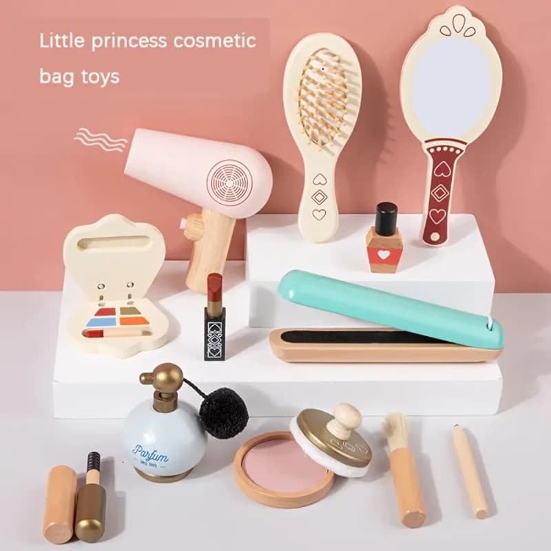 Montessori Brinquedos de maquiagem de madeira Meninas Fingir Beleza Maquiagem e Salon Set Toys, Toddler Makeup Kit Gift