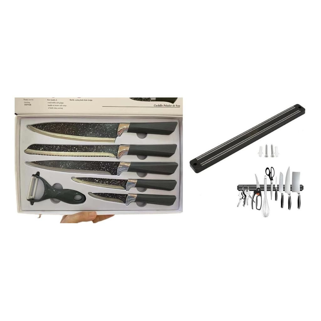 Jogo Facas De Cozinha 6 Pçs + Barra Magnética Imã Suporte