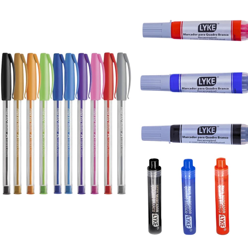 Kit Caneta Trilux Com 10 Cores +  Marcador e Refil Quadro Branco 3 Cores LYKE