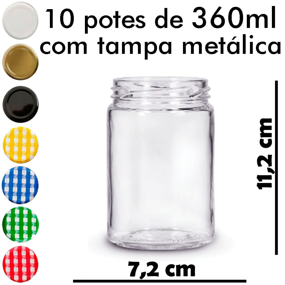 Pote Vidro 360ml - kit 10 unidades com tampa metálica