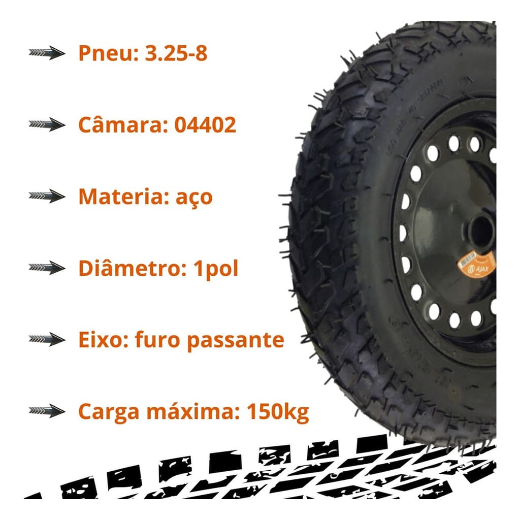 Roda Para Carrinho De Mão Pneu E Câmara 3.25 X8  Eixo 25mm