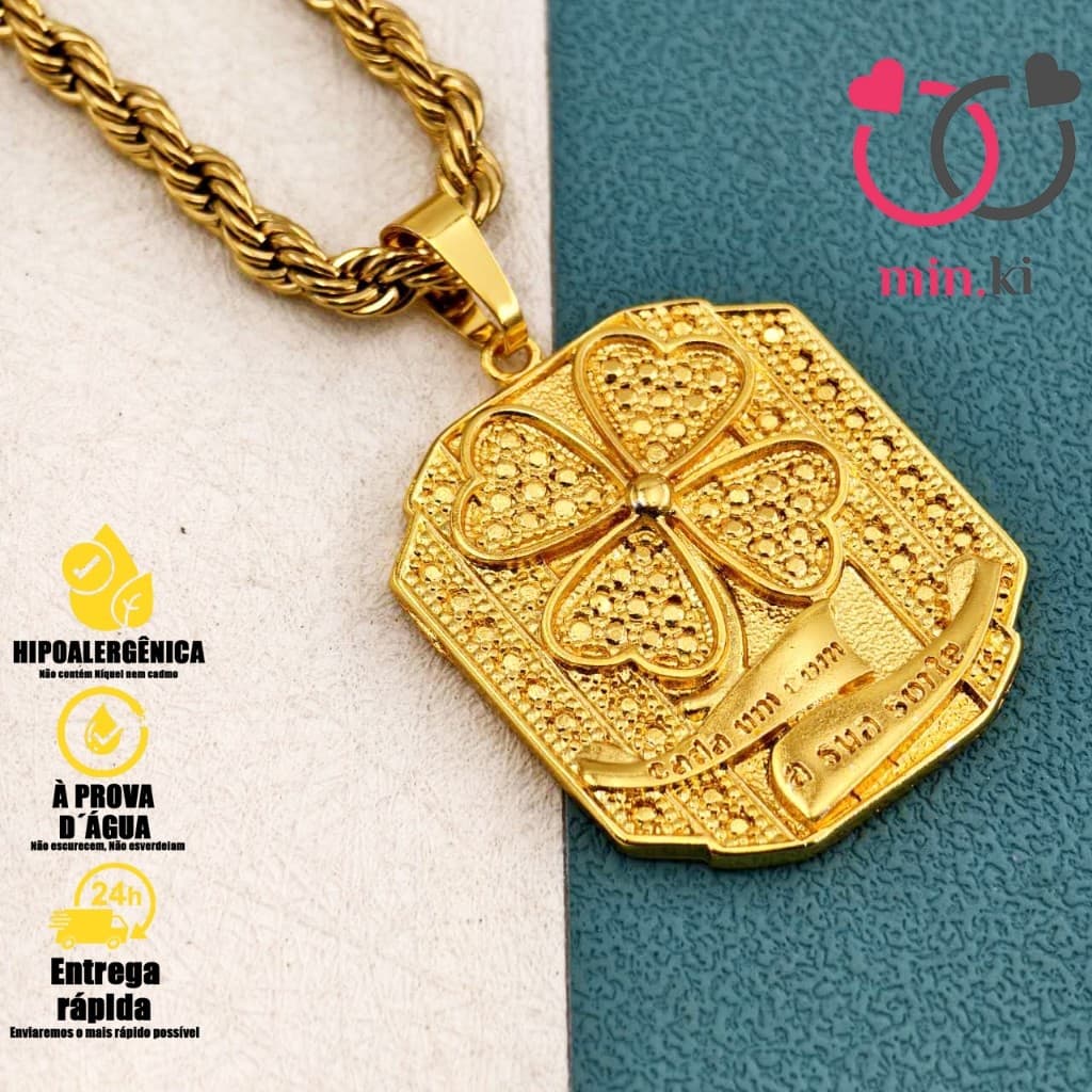 Corrente Baiana com Pingente Cravejado de Tio Patinhas e Trevo de Quatro Folhas - Banho de Ouro 18K