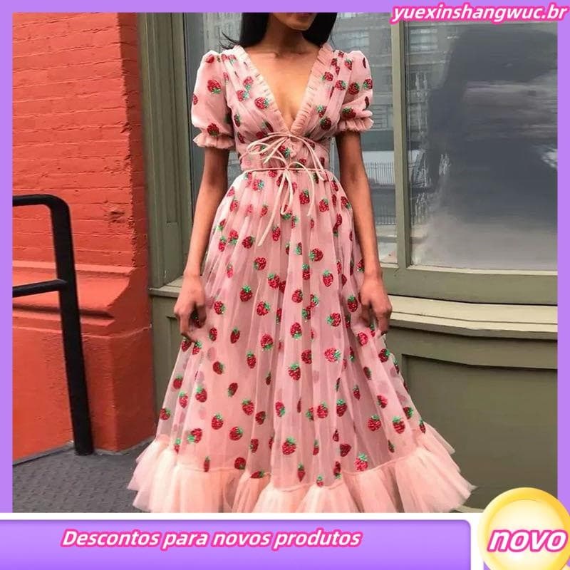 Vestido Longo Plissado Com Manga Curta / Gola V / Estampa De Morango Para Mulheres / Festa / Coquetel