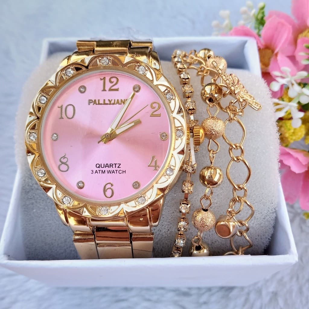 Kit Relógio Feminino Banhado Dourado + Pulseira Super Linda Moda