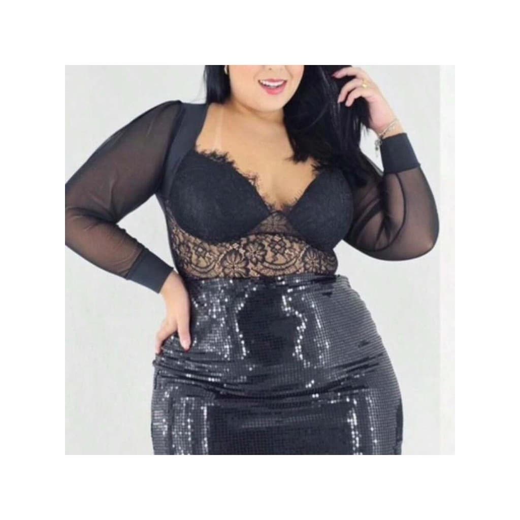 Conjunto Saia Paetê + Cropped  Sedução Manga Longa  Festa Temos Plus Size