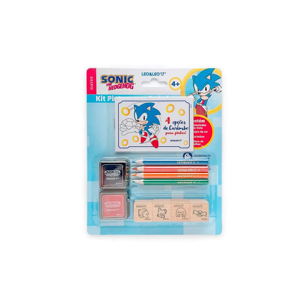Kit Pintura com Carimbo Sonic com 1 Bloco + 4 Lápis de Cor + 4 Carimbos + 2 Almofadas de Tinta