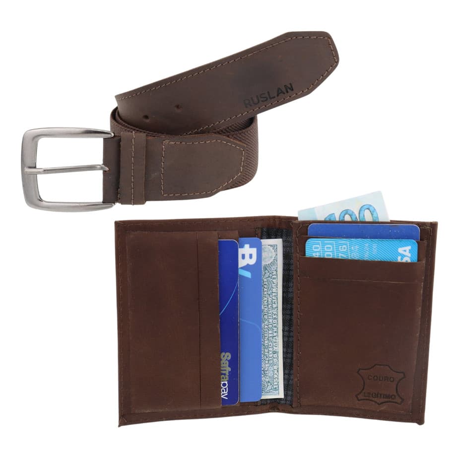 Kit Carteira E Cinto Elastico Couro Fivela Reforçada Casual