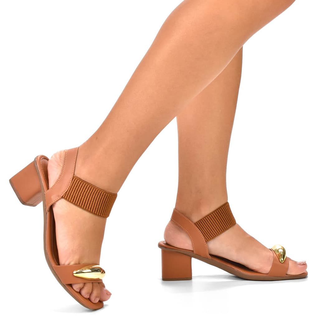 Sandália Feminina Confortável Salto Grosso Bloco 5cm Quadrado Elástico Gáspea Abs Dourado Confort