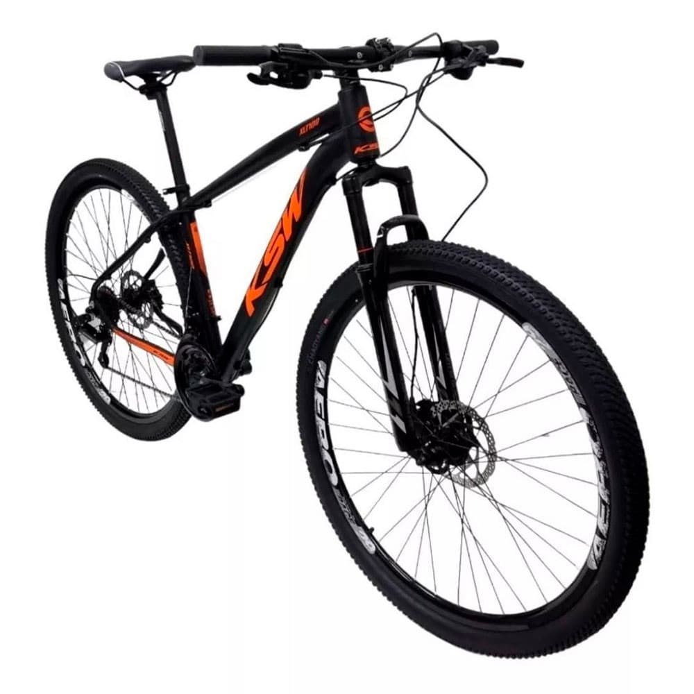 BICICLETA ALUMÍNIO ARO 29 KSW 24V COM SUSPENSAO E FREIO A DISCO TAMANHO 15 PRETO LARANJA