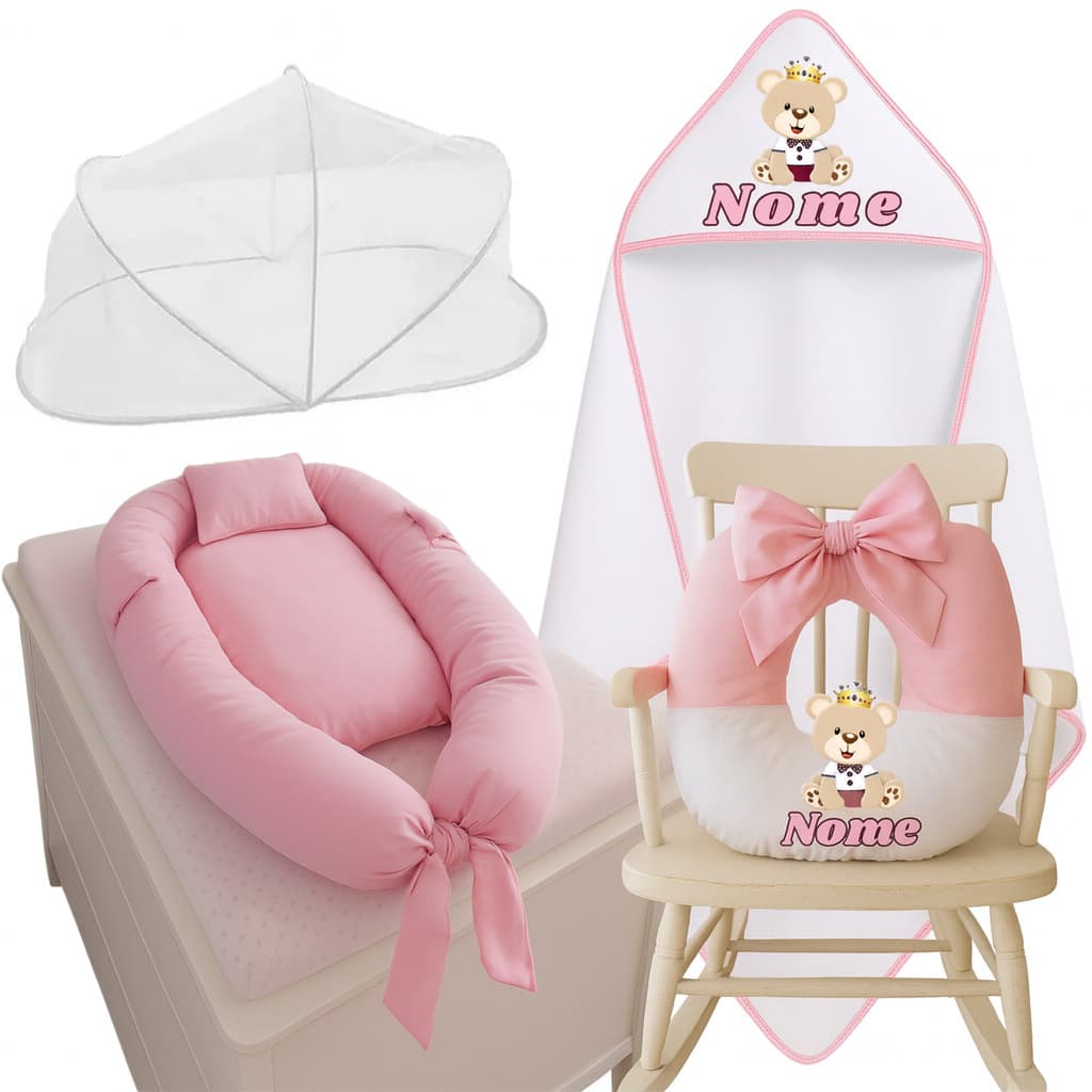 Kit Ninho + Toalha Personalizada com Nome  + Almofada Com nome + Mosquiteiro