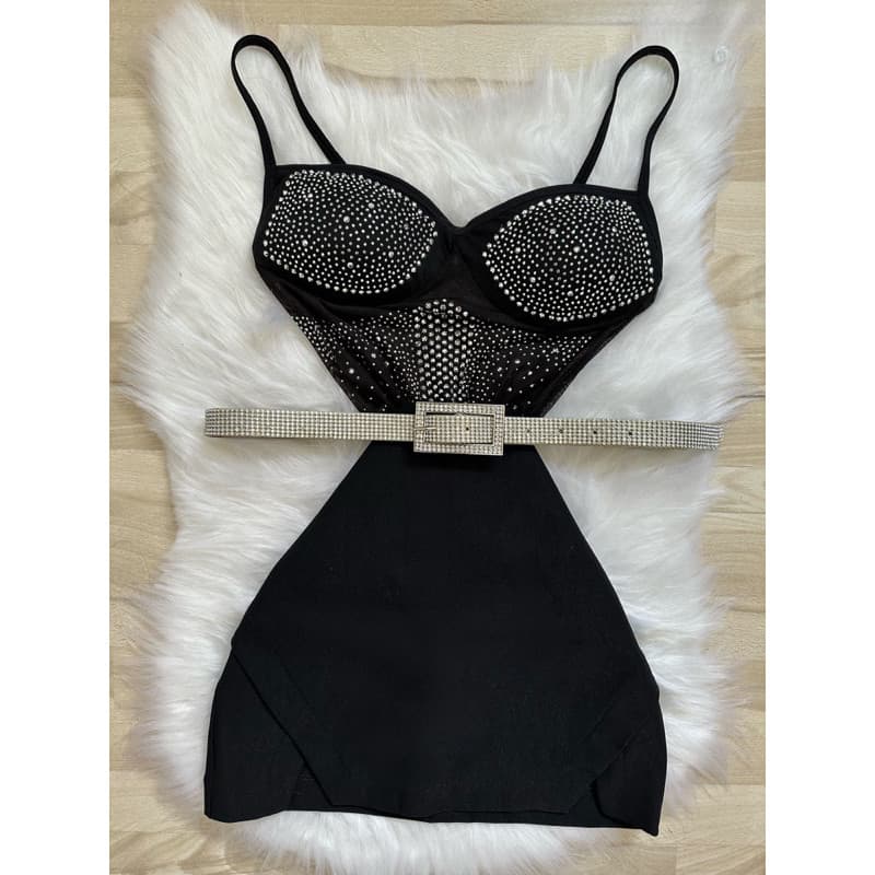 conjunto feminino body tule pedraria alça e short saia curta