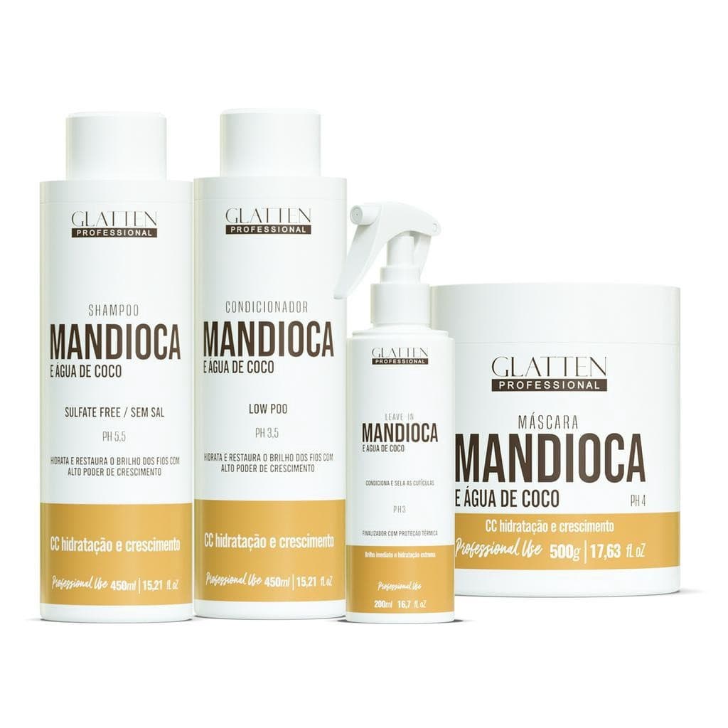 Kit Shampoo + Condicionador + Máscara + Leave-in - Mandioca e Água de Coco Hidratação, Recuperação e Crescimento
