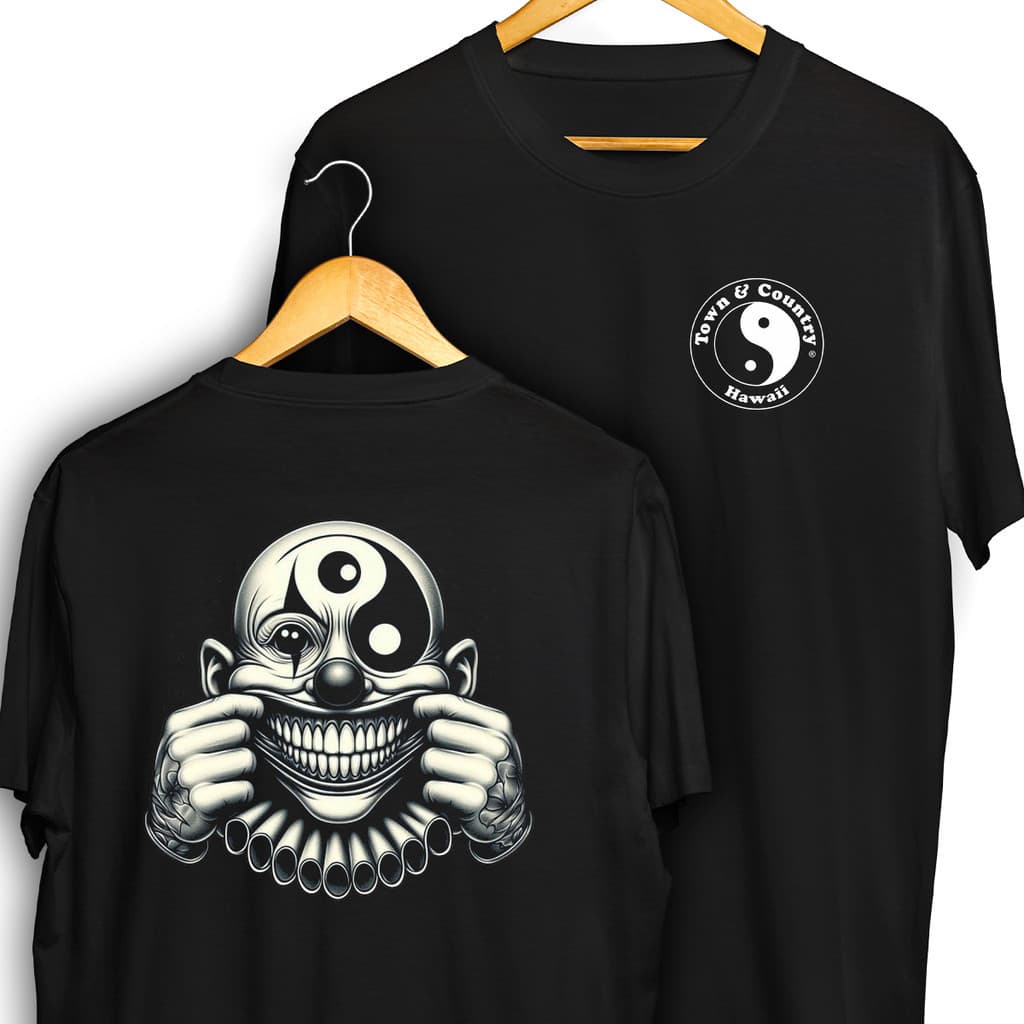 Camisa Palhaço Ying Yang Psicodélico Sorriso Frente e Verso Town E Country Blusa Mandrake Street Camiseta 100% Algodão