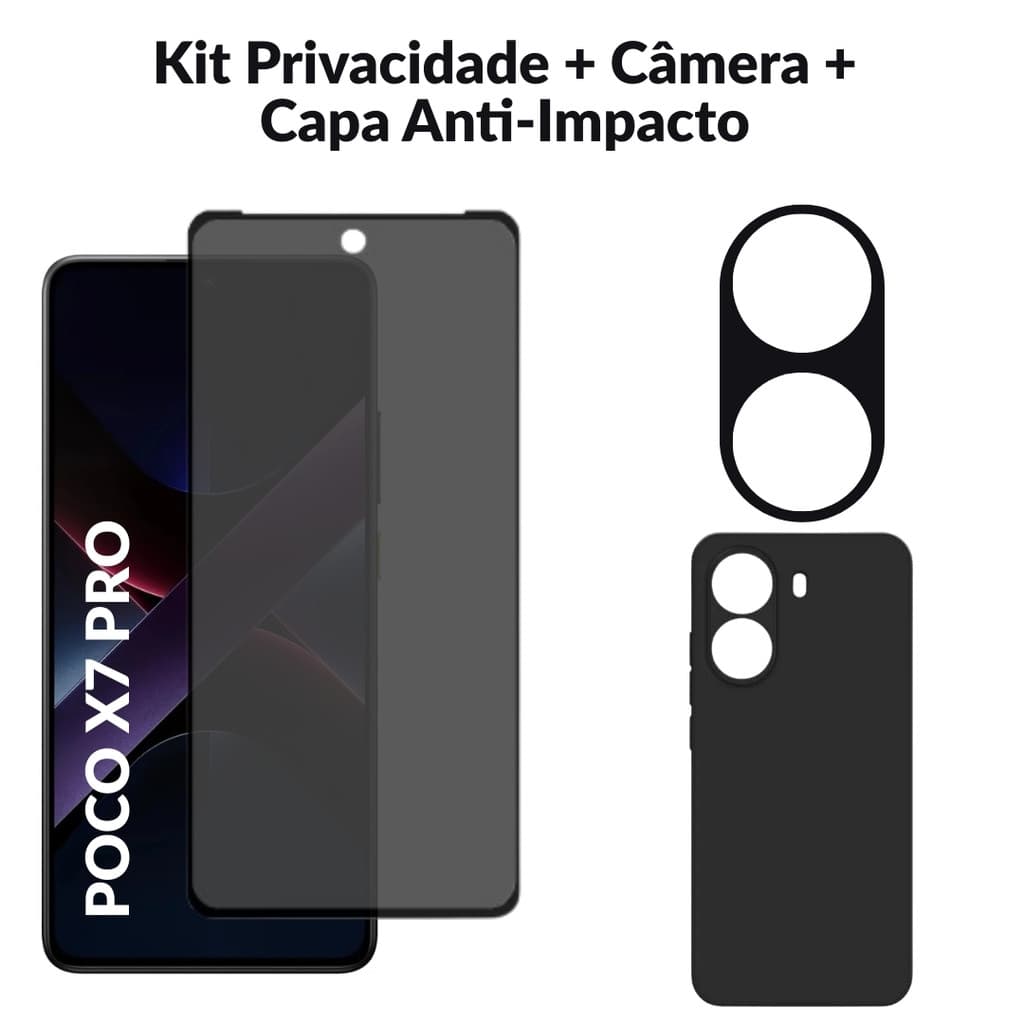 Película Privacidade Poco X7 Pro + Capinha de Silicone Preta + Película Para Câmera