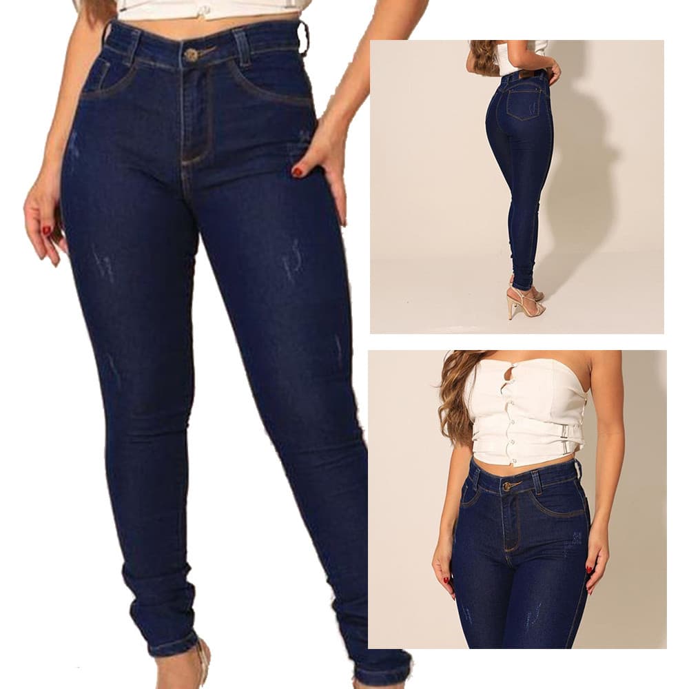 Calça Feminina Jeans Cintura Alta Skinny Com Lycra Empina Bumbum Com Elastano E Detalhes