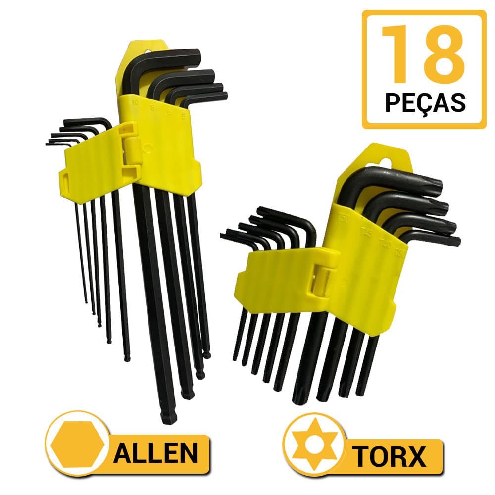 Kit Jogo Chave Torx L Longa E Allen Torque Bola 18 Peças
